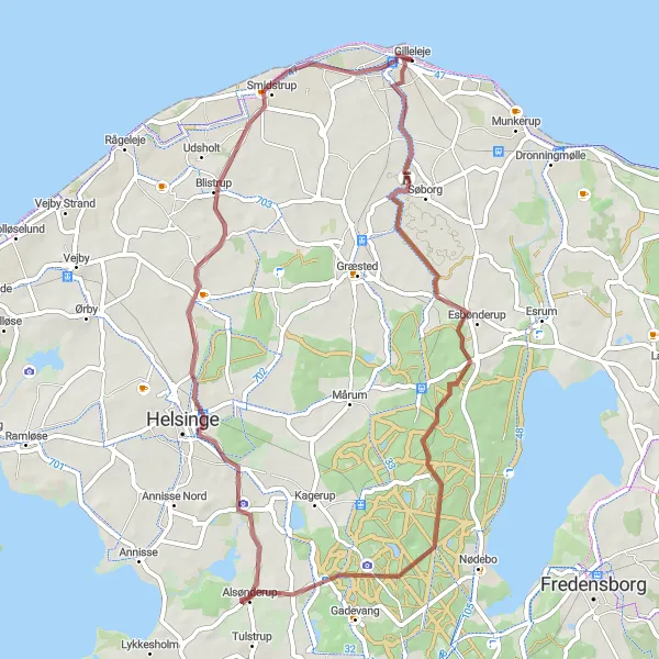 Map miniature of "Historical Gravel Tour" cycling inspiration in Hovedstaden, Denmark. Generated by Tarmacs.app cycling route planner