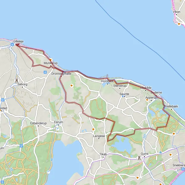 Map miniature of "Dronningmølle and Munkerup Gravel Adventure" cycling inspiration in Hovedstaden, Denmark. Generated by Tarmacs.app cycling route planner