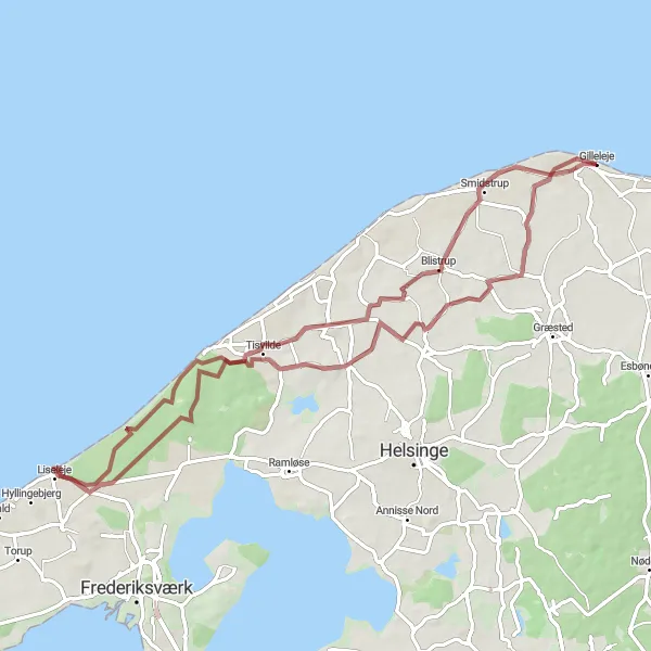 Map miniature of "North Zealand Coastal Gravel Route" cycling inspiration in Hovedstaden, Denmark. Generated by Tarmacs.app cycling route planner