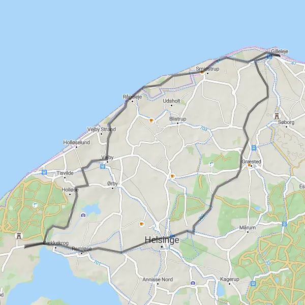 Map miniature of "North Zealand Road Loop" cycling inspiration in Hovedstaden, Denmark. Generated by Tarmacs.app cycling route planner