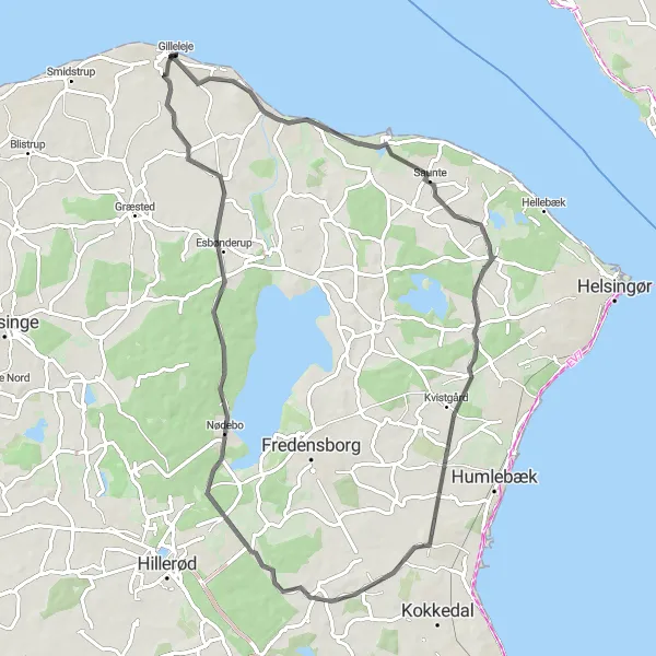 Map miniature of "Hornbæk Loop" cycling inspiration in Hovedstaden, Denmark. Generated by Tarmacs.app cycling route planner