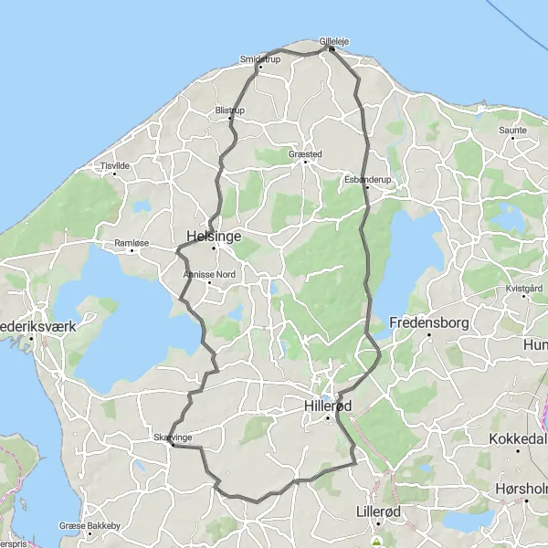 Map miniature of "Nødebo to Gilleleje Loop" cycling inspiration in Hovedstaden, Denmark. Generated by Tarmacs.app cycling route planner
