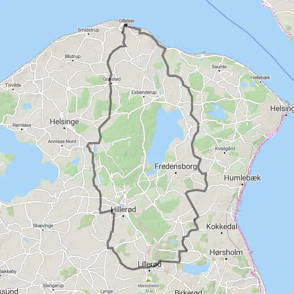 Map miniature of "Dronningmølle to Gilleleje Loop" cycling inspiration in Hovedstaden, Denmark. Generated by Tarmacs.app cycling route planner