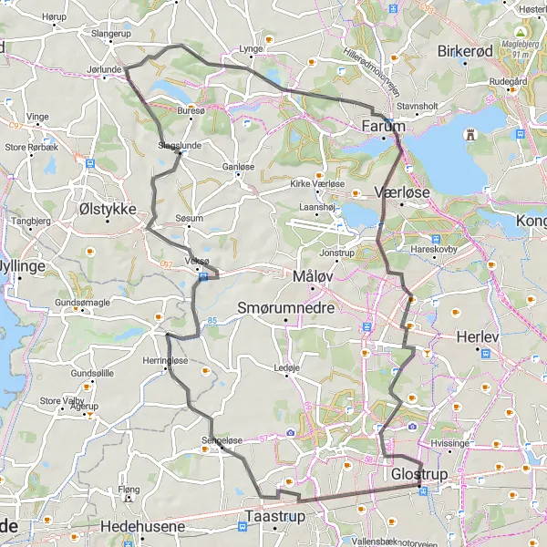 Map miniature of "Challenging Hills and Historic Sites" cycling inspiration in Hovedstaden, Denmark. Generated by Tarmacs.app cycling route planner