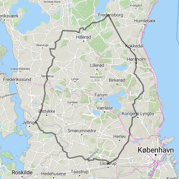 Map miniature of "Glostrup to Gørløse Loop" cycling inspiration in Hovedstaden, Denmark. Generated by Tarmacs.app cycling route planner