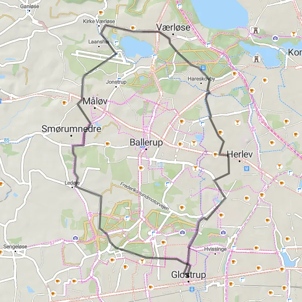 Map miniature of "Romantic Ride through the Danish Countryside" cycling inspiration in Hovedstaden, Denmark. Generated by Tarmacs.app cycling route planner