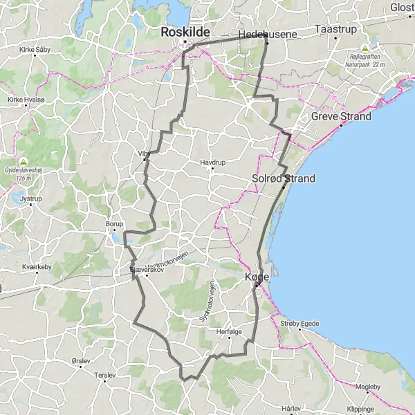 Map miniature of "Solrød Coastal Ride" cycling inspiration in Hovedstaden, Denmark. Generated by Tarmacs.app cycling route planner