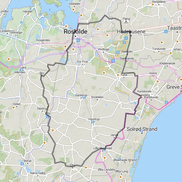 Map miniature of "Countryside and Coastal Ride from Hedehusene" cycling inspiration in Hovedstaden, Denmark. Generated by Tarmacs.app cycling route planner