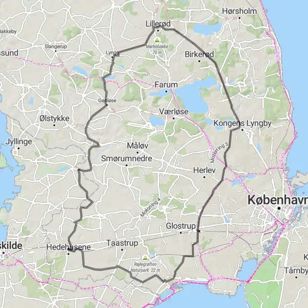 Map miniature of "Hedehusene Challenging Road Loop" cycling inspiration in Hovedstaden, Denmark. Generated by Tarmacs.app cycling route planner