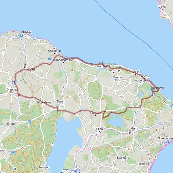 Map miniature of "Gravel Adventure" cycling inspiration in Hovedstaden, Denmark. Generated by Tarmacs.app cycling route planner