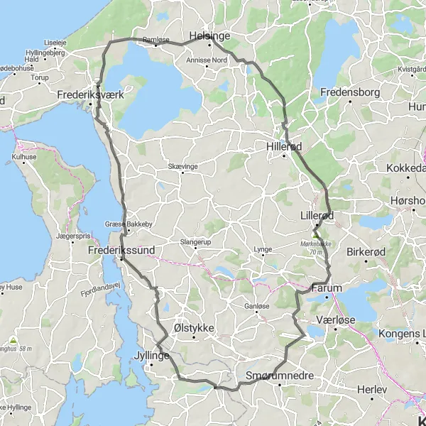 Map miniature of "Hillerød Epic Route" cycling inspiration in Hovedstaden, Denmark. Generated by Tarmacs.app cycling route planner