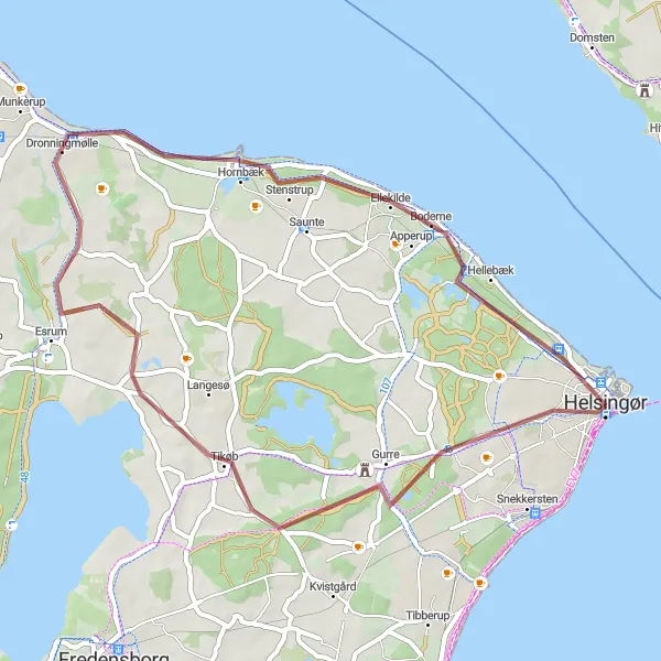 Map miniature of "Elsinore to Hellebæk Gravel Adventure" cycling inspiration in Hovedstaden, Denmark. Generated by Tarmacs.app cycling route planner