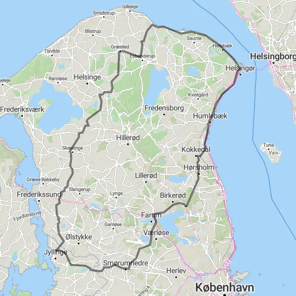 Map miniature of "Elsinore to Hellebæk Loop" cycling inspiration in Hovedstaden, Denmark. Generated by Tarmacs.app cycling route planner