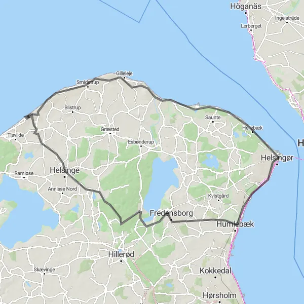 Map miniature of "Coastal Adventure" cycling inspiration in Hovedstaden, Denmark. Generated by Tarmacs.app cycling route planner