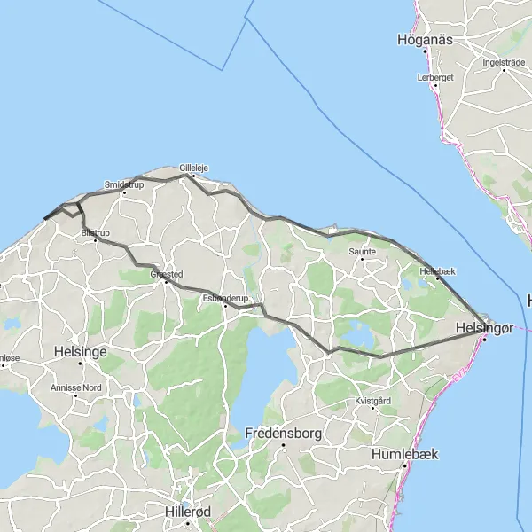 Map miniature of "Rural Escape" cycling inspiration in Hovedstaden, Denmark. Generated by Tarmacs.app cycling route planner