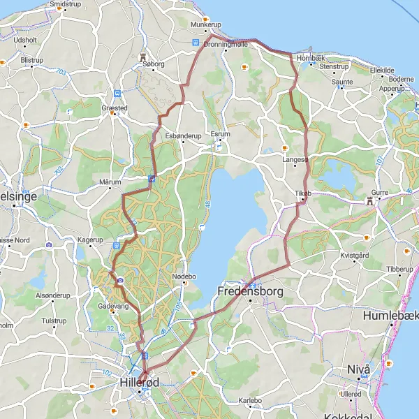 Miniaturekort af cykelinspirationen "Grusveje rundt om Hillerød" i Hovedstaden, Denmark. Genereret af Tarmacs.app cykelruteplanlægger