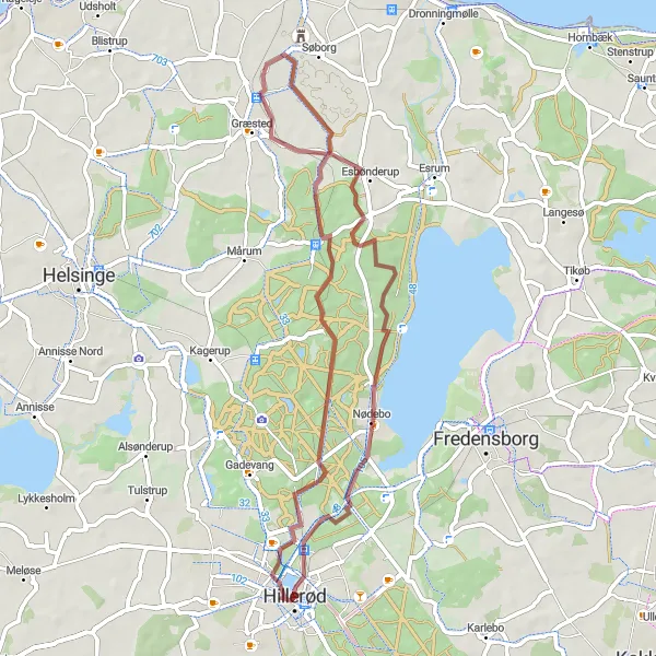 Map miniature of "Scenic Gravel Route: Hillerød to Nødebo" cycling inspiration in Hovedstaden, Denmark. Generated by Tarmacs.app cycling route planner