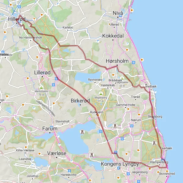 Map miniature of "Scenic Gravel Loop" cycling inspiration in Hovedstaden, Denmark. Generated by Tarmacs.app cycling route planner