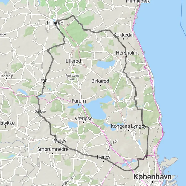 Map miniature of "Royal Sightseeing" cycling inspiration in Hovedstaden, Denmark. Generated by Tarmacs.app cycling route planner