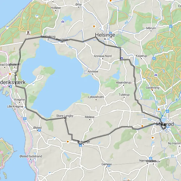 Map miniature of "Explore the Scenic Roads from Hillerød to Frederiksborg Palace" cycling inspiration in Hovedstaden, Denmark. Generated by Tarmacs.app cycling route planner