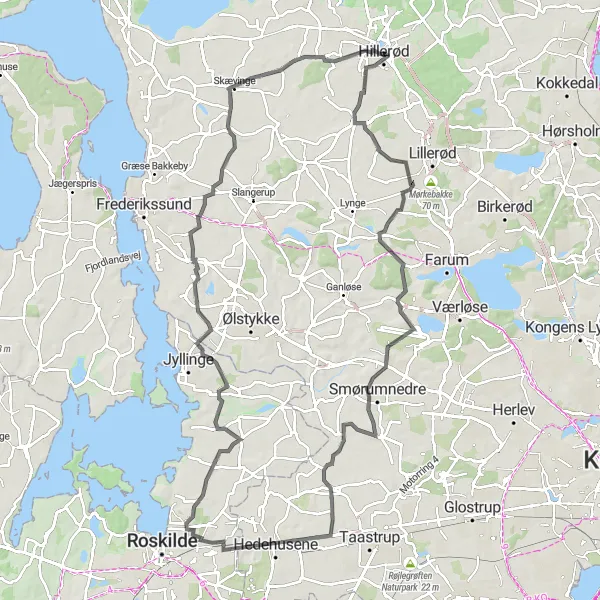 Map miniature of "Scenic road cycling from Hillerød to Frederiksborg Palace" cycling inspiration in Hovedstaden, Denmark. Generated by Tarmacs.app cycling route planner