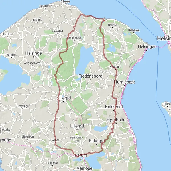 Map miniature of "Gravel Adventure" cycling inspiration in Hovedstaden, Denmark. Generated by Tarmacs.app cycling route planner