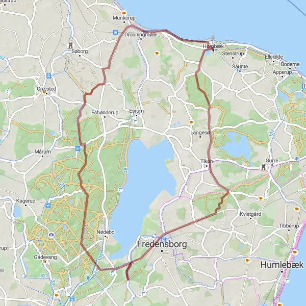 Map miniature of "Gravel Escape" cycling inspiration in Hovedstaden, Denmark. Generated by Tarmacs.app cycling route planner