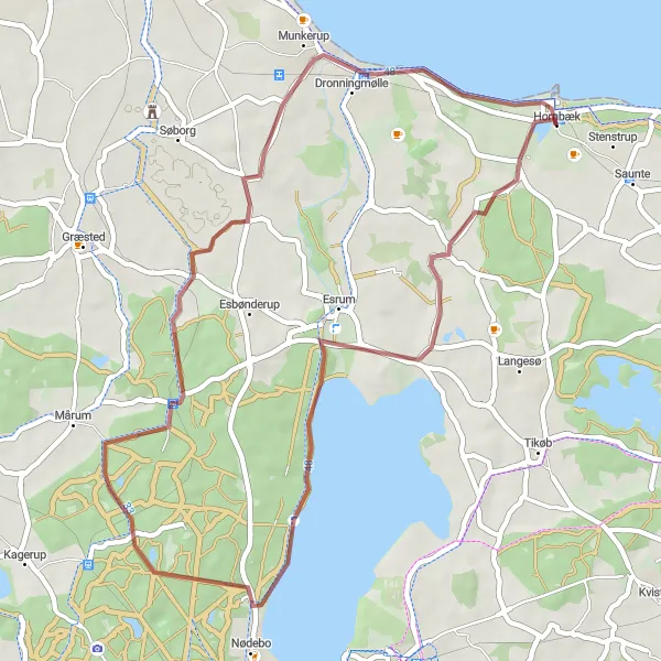Map miniature of "Gravel Loop to Esrum Lake" cycling inspiration in Hovedstaden, Denmark. Generated by Tarmacs.app cycling route planner