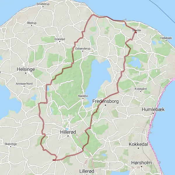 Map miniature of "Gravel Adventure to Munkerup" cycling inspiration in Hovedstaden, Denmark. Generated by Tarmacs.app cycling route planner