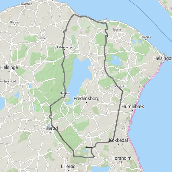 Map miniature of "Hornbæk to Ny Hammersholt Loop" cycling inspiration in Hovedstaden, Denmark. Generated by Tarmacs.app cycling route planner