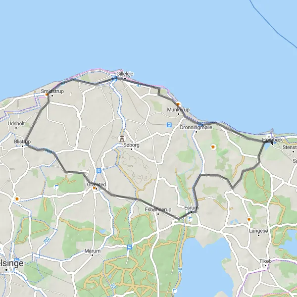 Map miniature of "Hornbæk to Gilleleje Loop" cycling inspiration in Hovedstaden, Denmark. Generated by Tarmacs.app cycling route planner