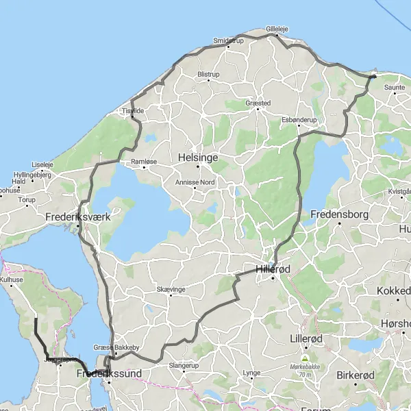 Miniaturekort af cykelinspirationen "Lang landevejsrute til Gilleleje" i Hovedstaden, Denmark. Genereret af Tarmacs.app cykelruteplanlægger