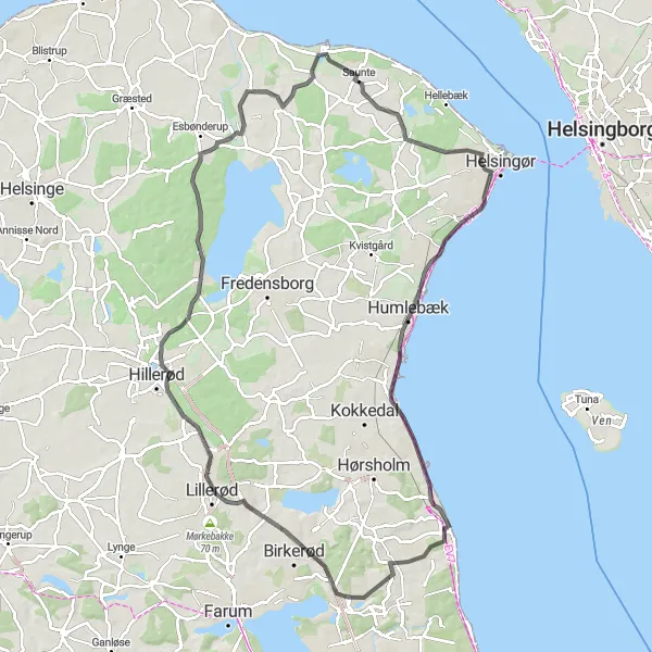 Map miniature of "Road Trip to the Castles" cycling inspiration in Hovedstaden, Denmark. Generated by Tarmacs.app cycling route planner