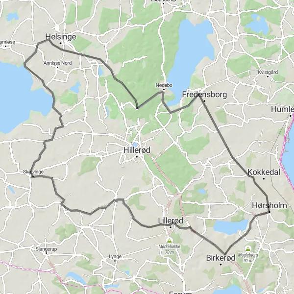 Map miniature of "Exploring the Towns around Hørsholm" cycling inspiration in Hovedstaden, Denmark. Generated by Tarmacs.app cycling route planner