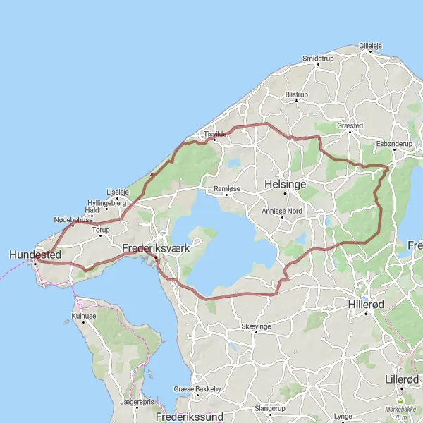 Miniaturekort af cykelinspirationen "En oplevelsesrig gruscykelrute fra Hundested" i Hovedstaden, Denmark. Genereret af Tarmacs.app cykelruteplanlægger