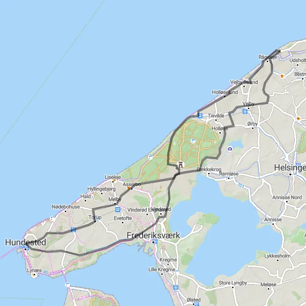 Map miniature of "The Hanehoved Loop" cycling inspiration in Hovedstaden, Denmark. Generated by Tarmacs.app cycling route planner