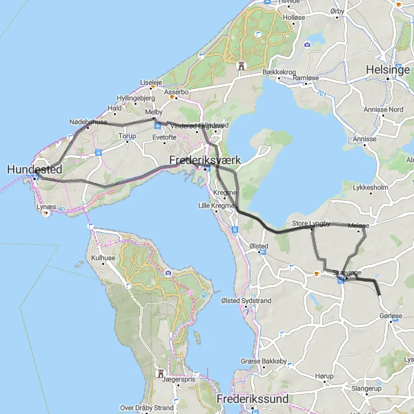 Map miniature of "The Majestic Loop" cycling inspiration in Hovedstaden, Denmark. Generated by Tarmacs.app cycling route planner