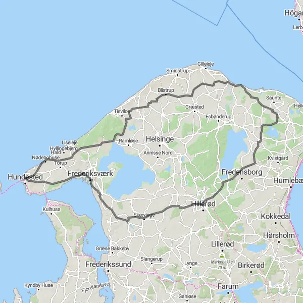 Miniaturekort af cykelinspirationen "Lang landevejstur fra Hundested" i Hovedstaden, Denmark. Genereret af Tarmacs.app cykelruteplanlægger