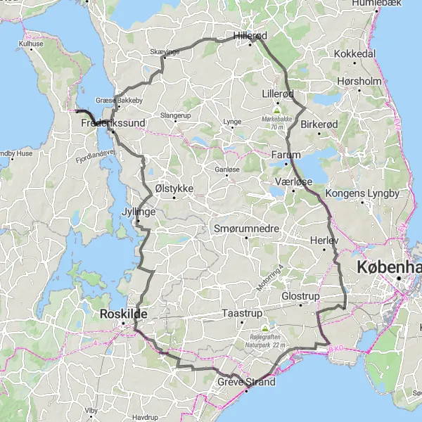 Map miniature of "Greve Adventure" cycling inspiration in Hovedstaden, Denmark. Generated by Tarmacs.app cycling route planner