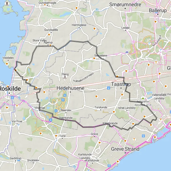 Map miniature of "Kildebrønde Loop" cycling inspiration in Hovedstaden, Denmark. Generated by Tarmacs.app cycling route planner