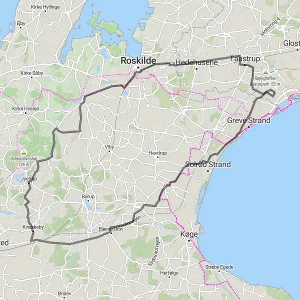 Map miniature of "Solrød Coastal Ride" cycling inspiration in Hovedstaden, Denmark. Generated by Tarmacs.app cycling route planner