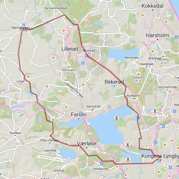 Map miniature of "The Hills of Kongens Lyngby" cycling inspiration in Hovedstaden, Denmark. Generated by Tarmacs.app cycling route planner
