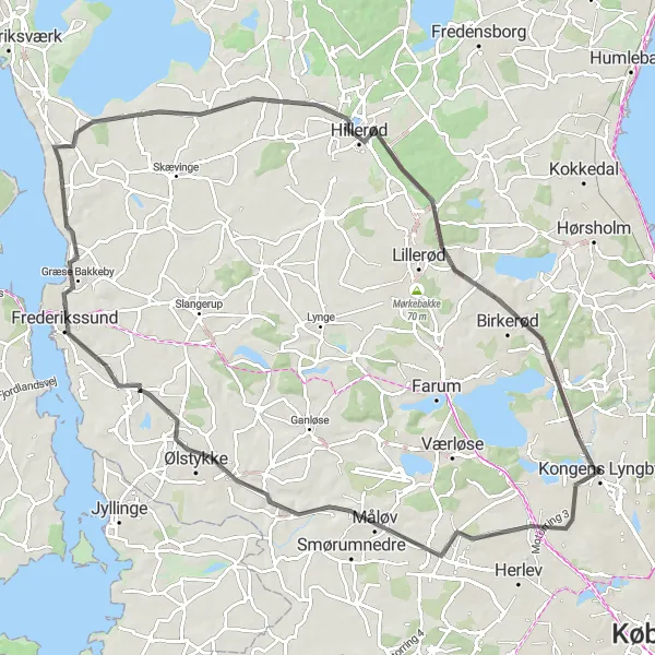Map miniature of "Hillerød Explorer" cycling inspiration in Hovedstaden, Denmark. Generated by Tarmacs.app cycling route planner