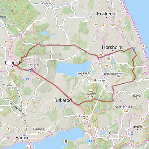 Map miniature of "Countryside Escape" cycling inspiration in Hovedstaden, Denmark. Generated by Tarmacs.app cycling route planner