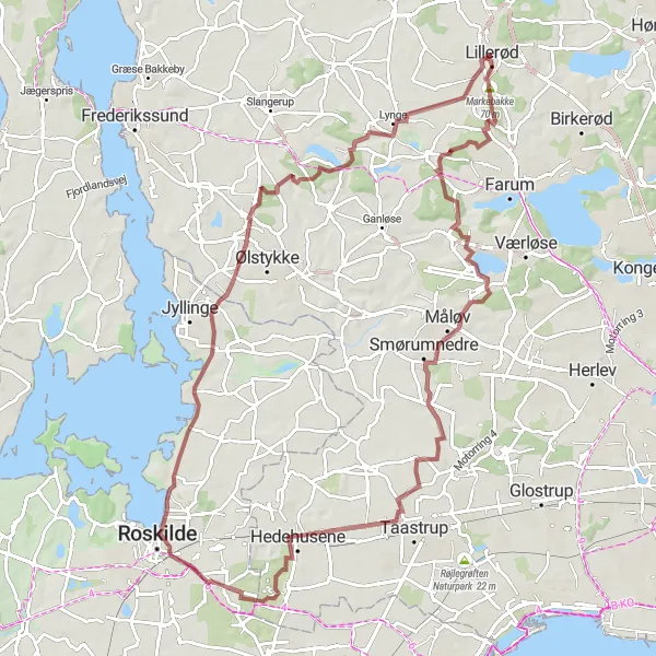 Map miniature of "Lillerød Gravel Adventure" cycling inspiration in Hovedstaden, Denmark. Generated by Tarmacs.app cycling route planner