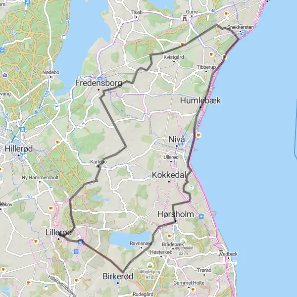 Map miniature of "Scenic Road Cycling Loop" cycling inspiration in Hovedstaden, Denmark. Generated by Tarmacs.app cycling route planner