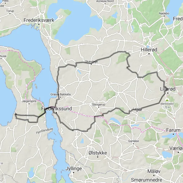 Map miniature of "Countryside Road Cycling Tour" cycling inspiration in Hovedstaden, Denmark. Generated by Tarmacs.app cycling route planner