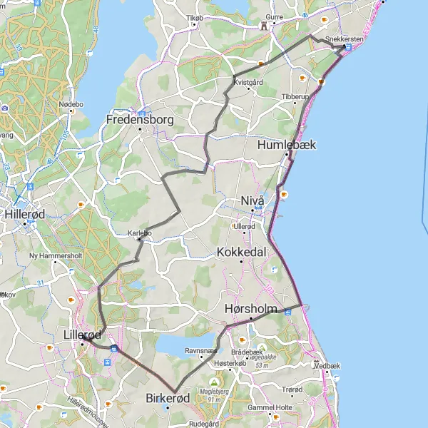 Map miniature of "Lillerød to Karlebo Road Cycling Route" cycling inspiration in Hovedstaden, Denmark. Generated by Tarmacs.app cycling route planner