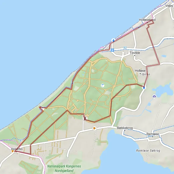 Map miniature of "Harehøje Gravel Loop" cycling inspiration in Hovedstaden, Denmark. Generated by Tarmacs.app cycling route planner