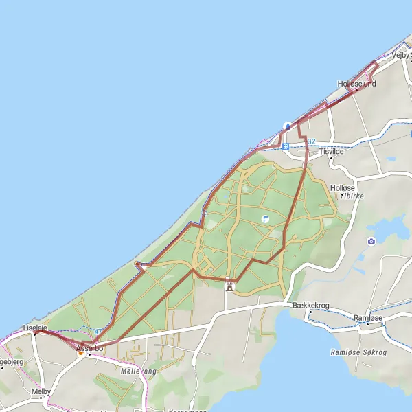 Map miniature of "Liseleje to Harehøje Gravel Ride" cycling inspiration in Hovedstaden, Denmark. Generated by Tarmacs.app cycling route planner